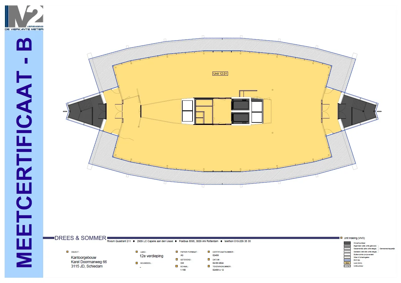 Plattegrond van de 12e verdieping van het kantoorgebouw aan de Karel Doormanweg 66 in Schiedam, met oppervlaktemeting in kleur aangegeven.
